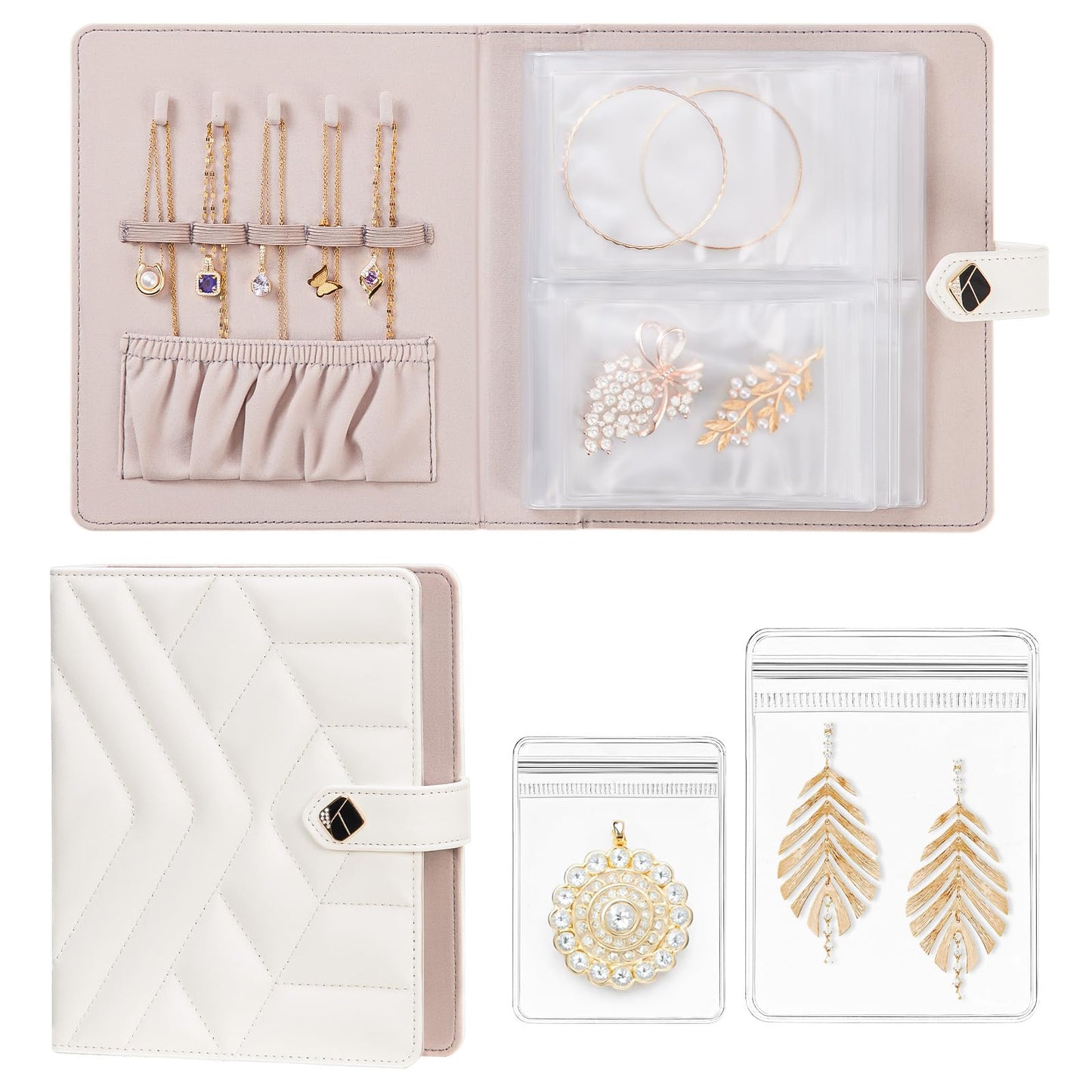 Homde Women Travel Jewelry Box: Traveling Organizer for Ring Necklace Bracelet - Storage Book with Plastic Pouches for Friend Sister Mother