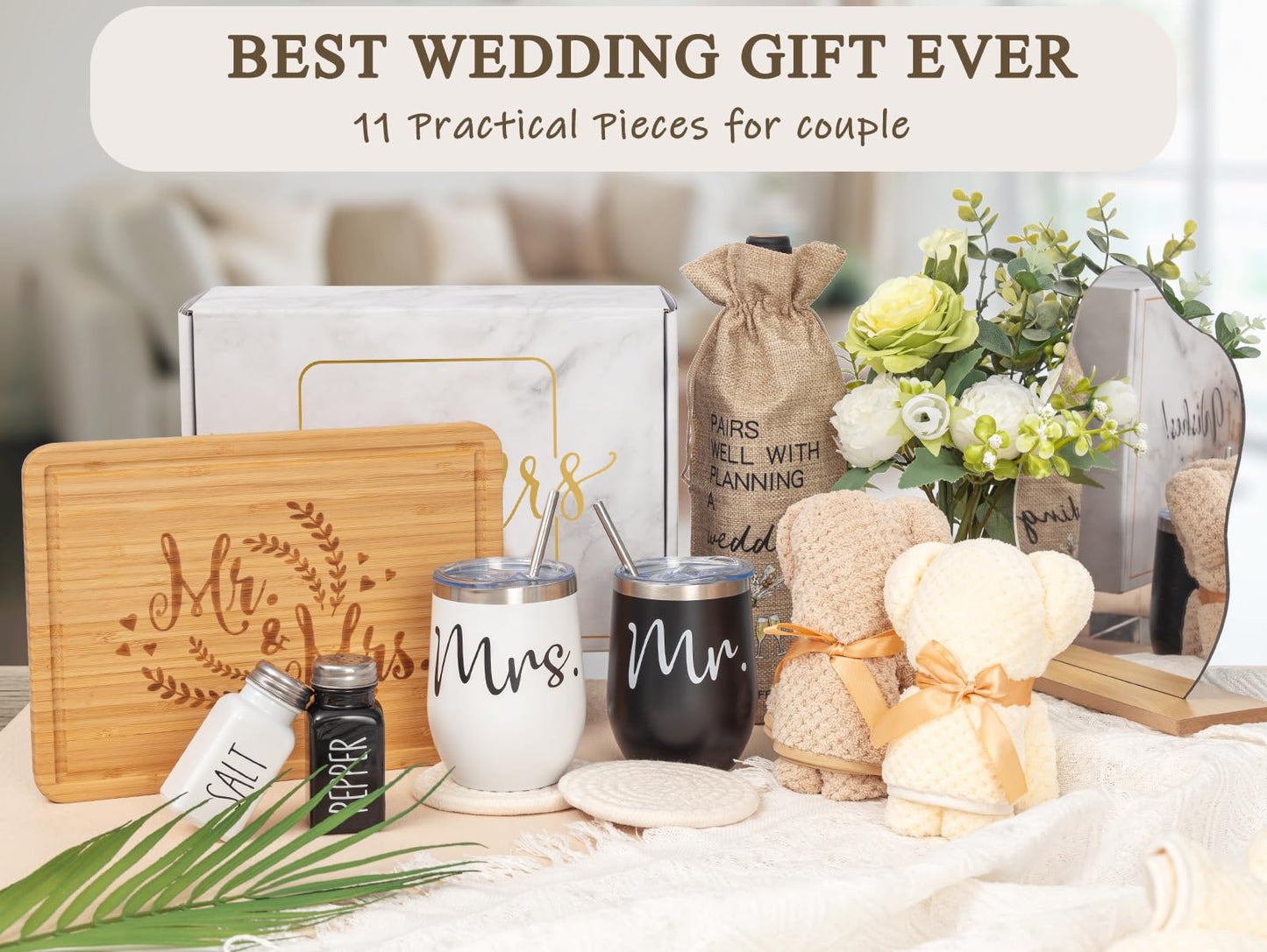 Wedding Gifts for Couple (11 Piece Set), Cool Engagement Baskets for Newlywed, Unique Mr and Mrs Box for Bride and Groom, Bridal Shower Gift for Bride To Be, His and Hers, Just Married