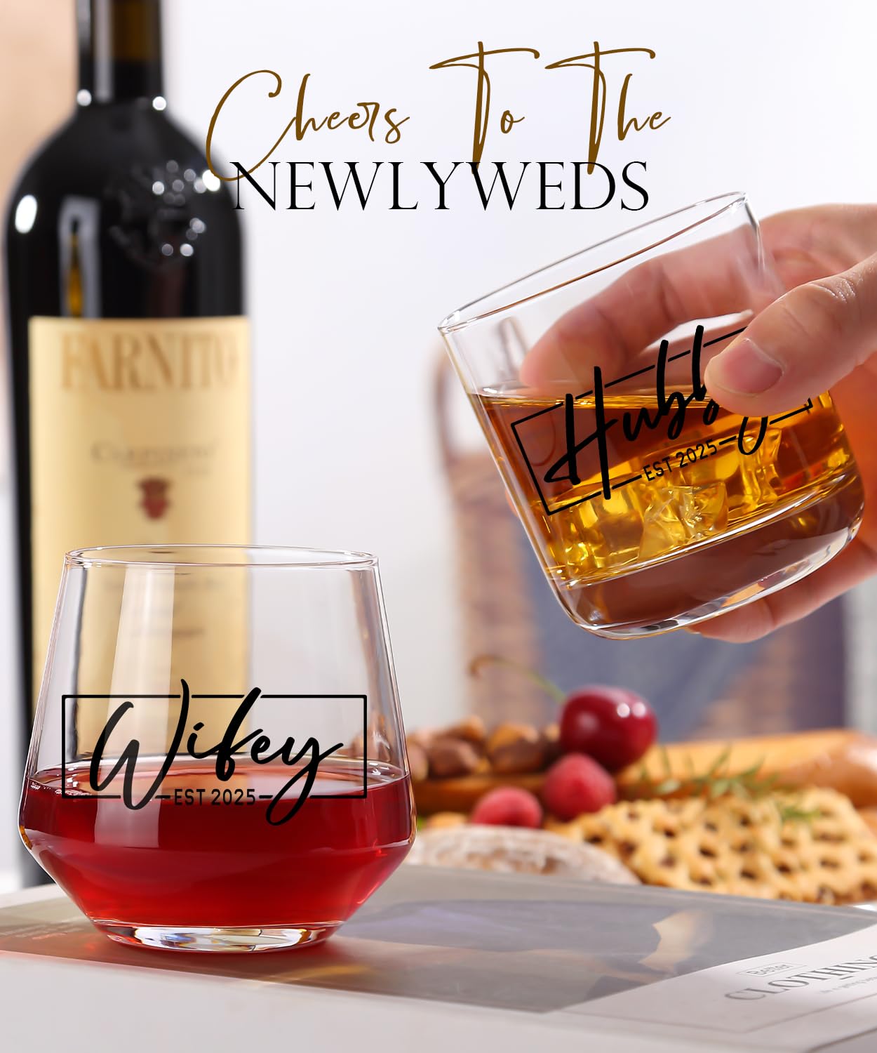 comfit Wedding Gifts for Couples,Hubby & Wifey EST 2025 Wedding Glass Set,Bridal Shower Gifts for Bride and Groom, Newly-Married Anniversary for Him/Her,Mr and Mrs Gift