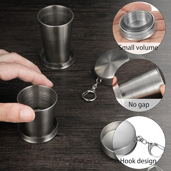 10 Pieces Collapsible Shot Glasses Stainless Steel Collapsible Cup Reusable Portable Travel Folding Cup with Lid and Keychain for Camping Hiking Cycling(8.5 oz)