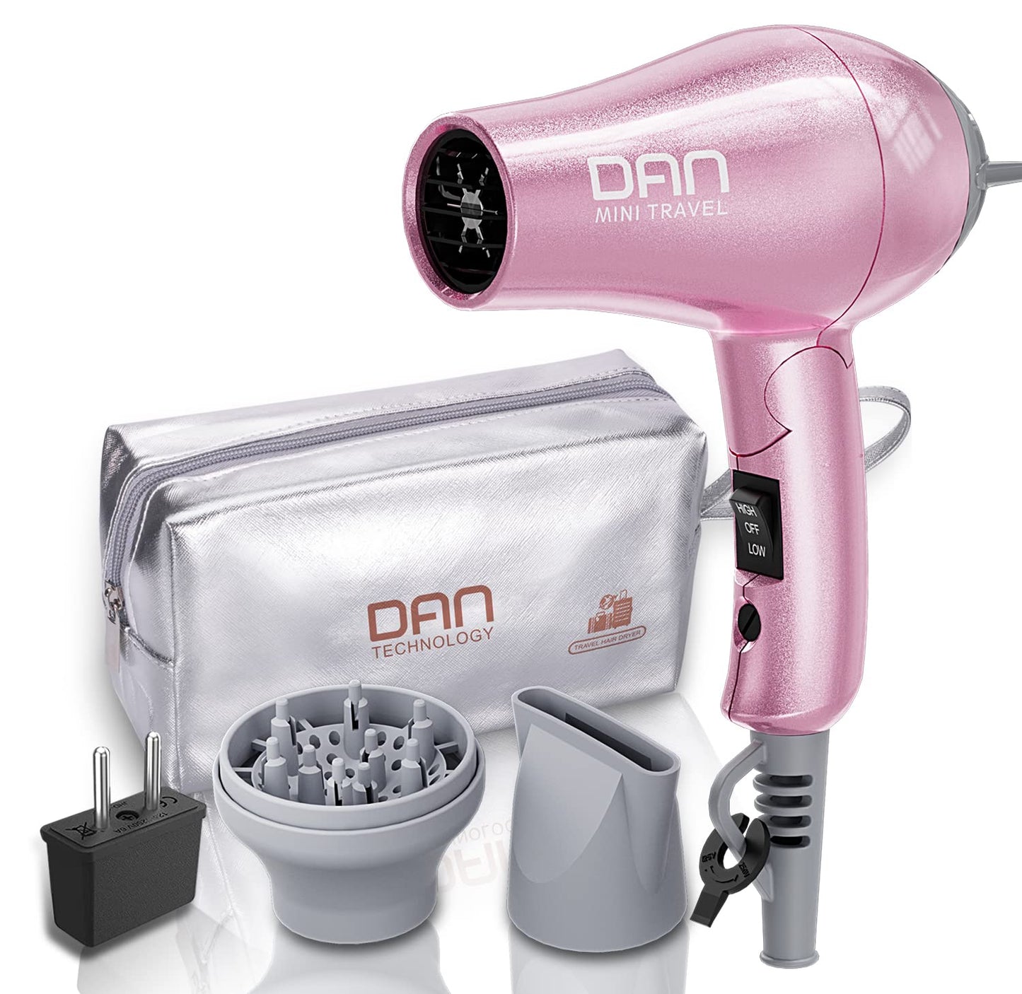 DAN Technology Travel Hair Dryer,Dual Voltage HairDryer,Mini Blow Dryer with Concentrator,Small Hair Dryer with Diffuser,European hairdryer with European Plug,Pink Blow Dryer for Women