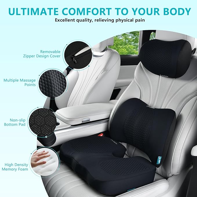 FLORICH 3 PCS Seat Cushion for Carseat Lumbar Support Pillow Car Neck Headrest Pillows Memory Foam Seat Pads Pressure Relief Back Cushion for Office Chair(Black)