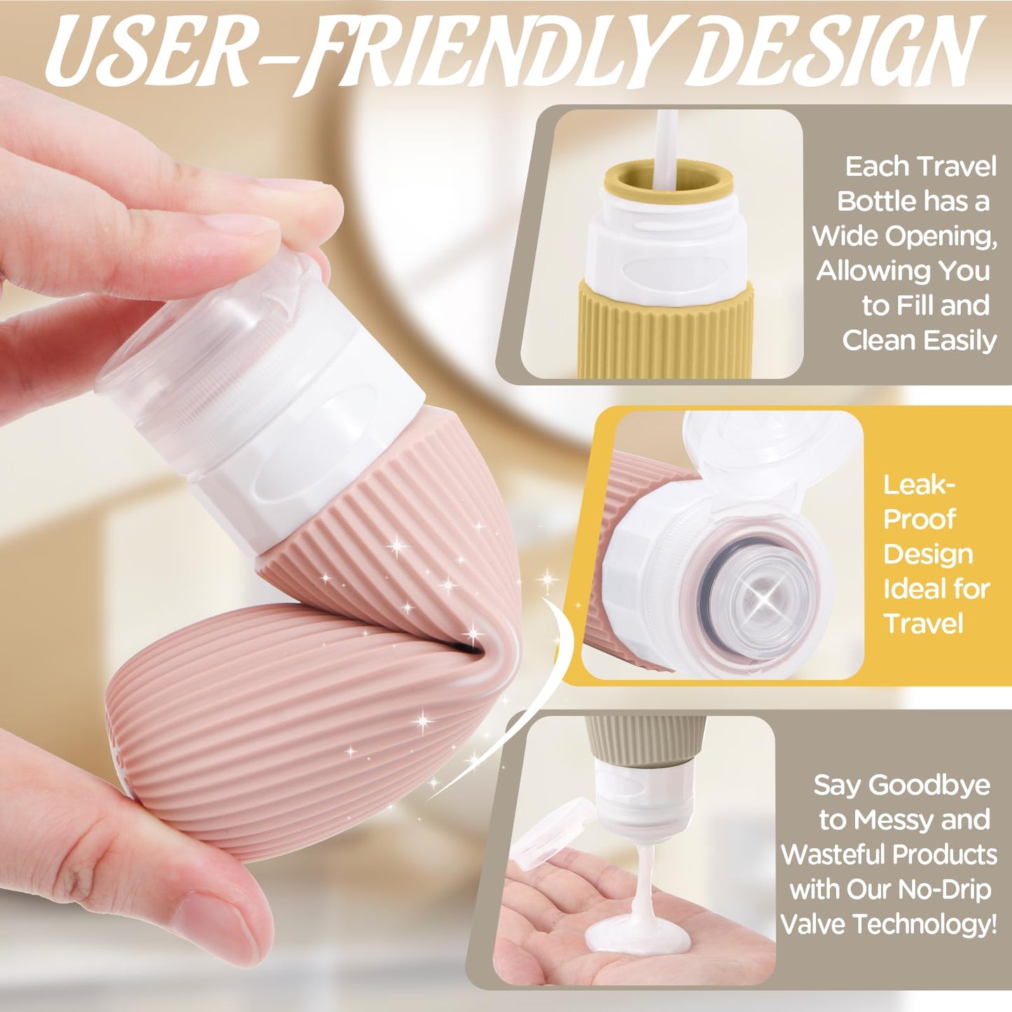 YIIMER Travel Bottles for Toiletries 6 Pack, TSA Approved Travel Size Toiletries Containers Set, 3 Silicone Leak Proof Refillable Bottles and 3 Creams Jars Accessories Kit W/Clear Bag(Apricot)