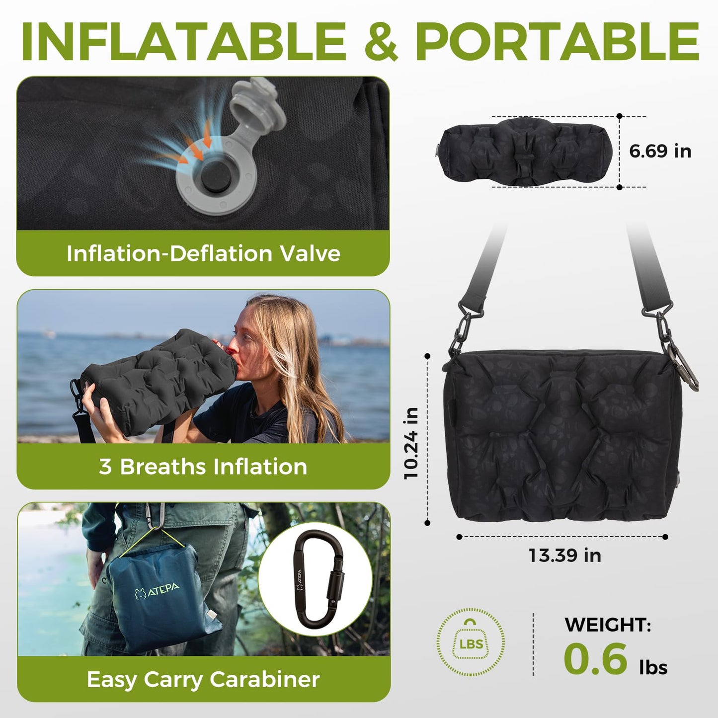 ATEPA 4-in-1 Travel Cushion, Ultralight Portable Inflatable Pillow Seat Cushion Neck & Back Support Travel Bag with Zippered Protection & Convertible Strap for Airplane Camping Backpacking, Black