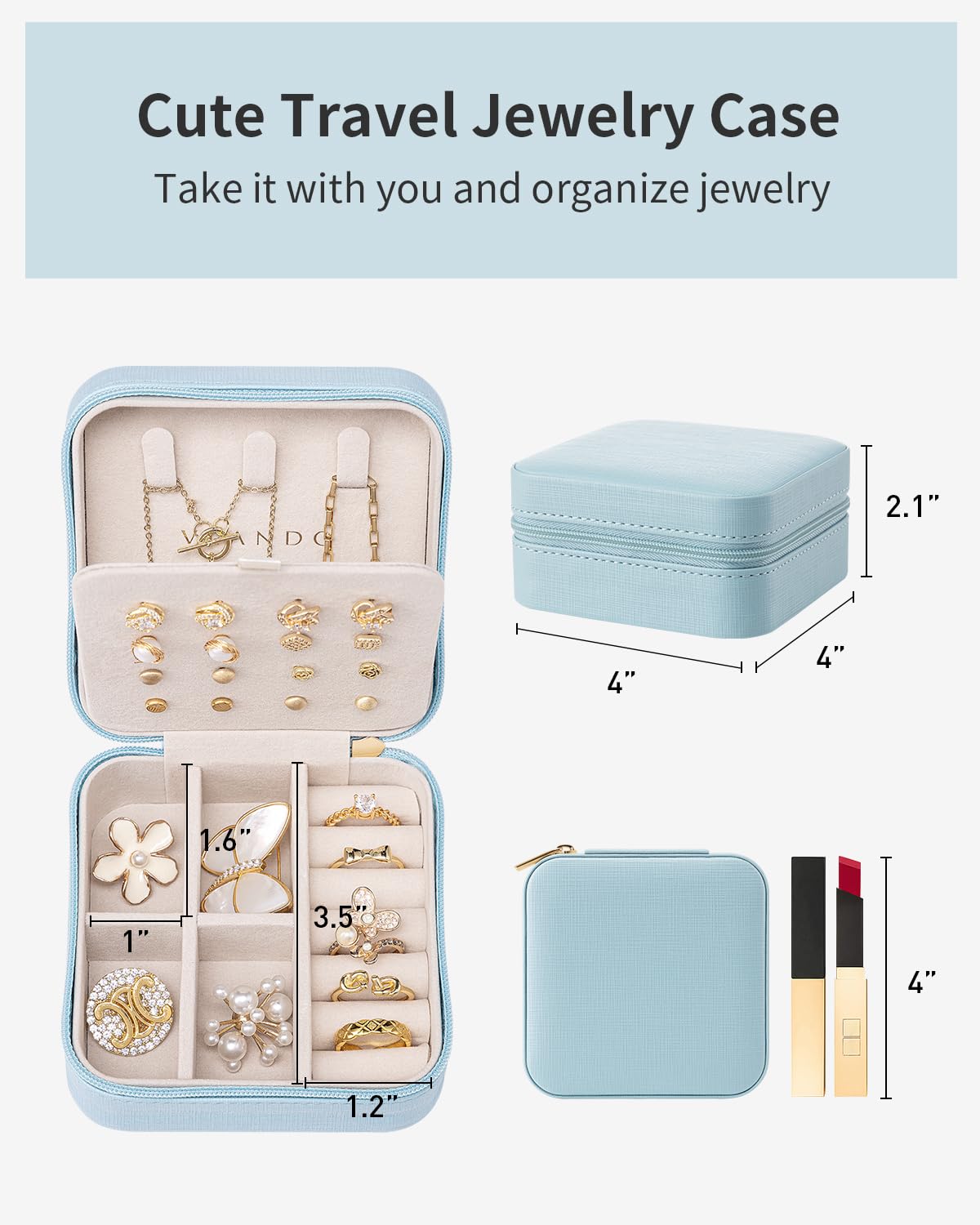 Vlando Travel Jewelry Case, Small Travel Jewelry Organizer Box for Girls Women - Blue