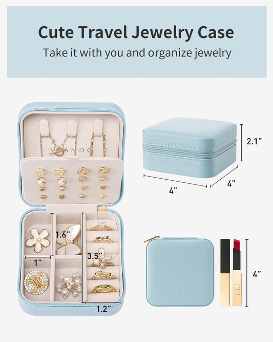 Vlando Travel Jewelry Case, Small Travel Jewelry Organizer Box for Girls Women - Blue