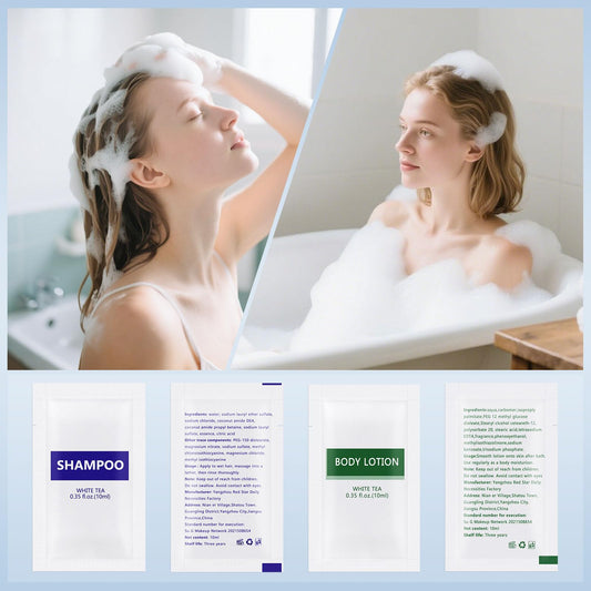 Travel Size Body Wash and Shampoo Bulk,Refreshing White Tea Scent,0.35 fl oz,Individually Wrapped Mini Shower Gel Shampoo Hygiene Kits for Travel/On The Go/Homeless Care/Hotel Guests(Pack of 200)