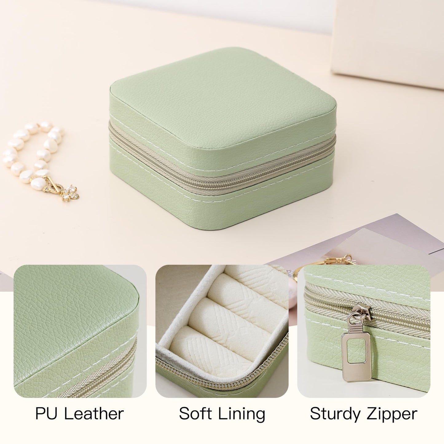 CASEGRACE Travel Jewelry Case, Small Jewelry Box Portable Jewelry Travel Organizer Display Storage Case for Rings Earring Necklace Bracelet, Gift for Women Girls, Green