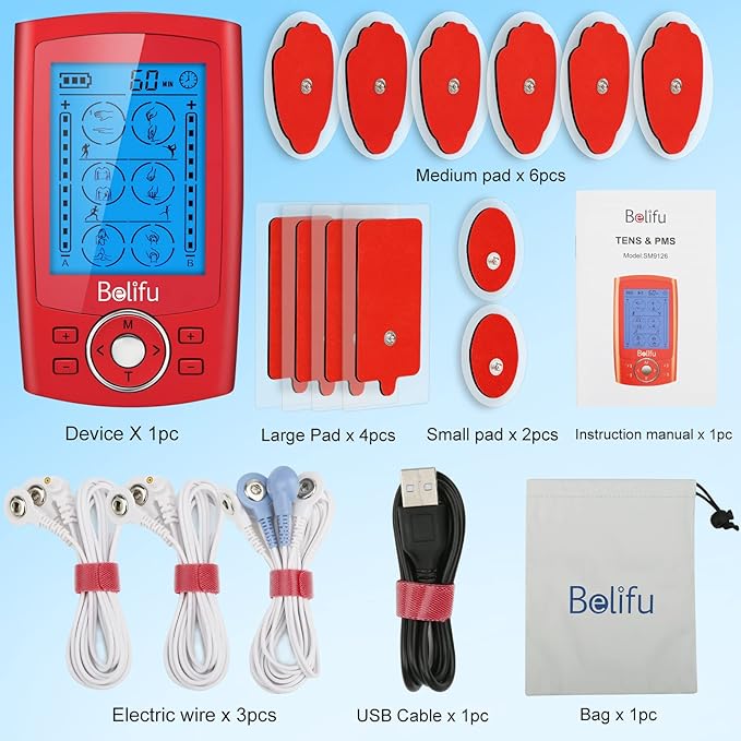 Belifu Dual Channel TENS EMS Unit with 12 Pads, 24 Modes Muscle Stimulator, Electronic Pulse Massager Muscle Massager for Pain Relief Therapy, Fastening Cable Ties, Dust-Proof Drawstring Storage Bag