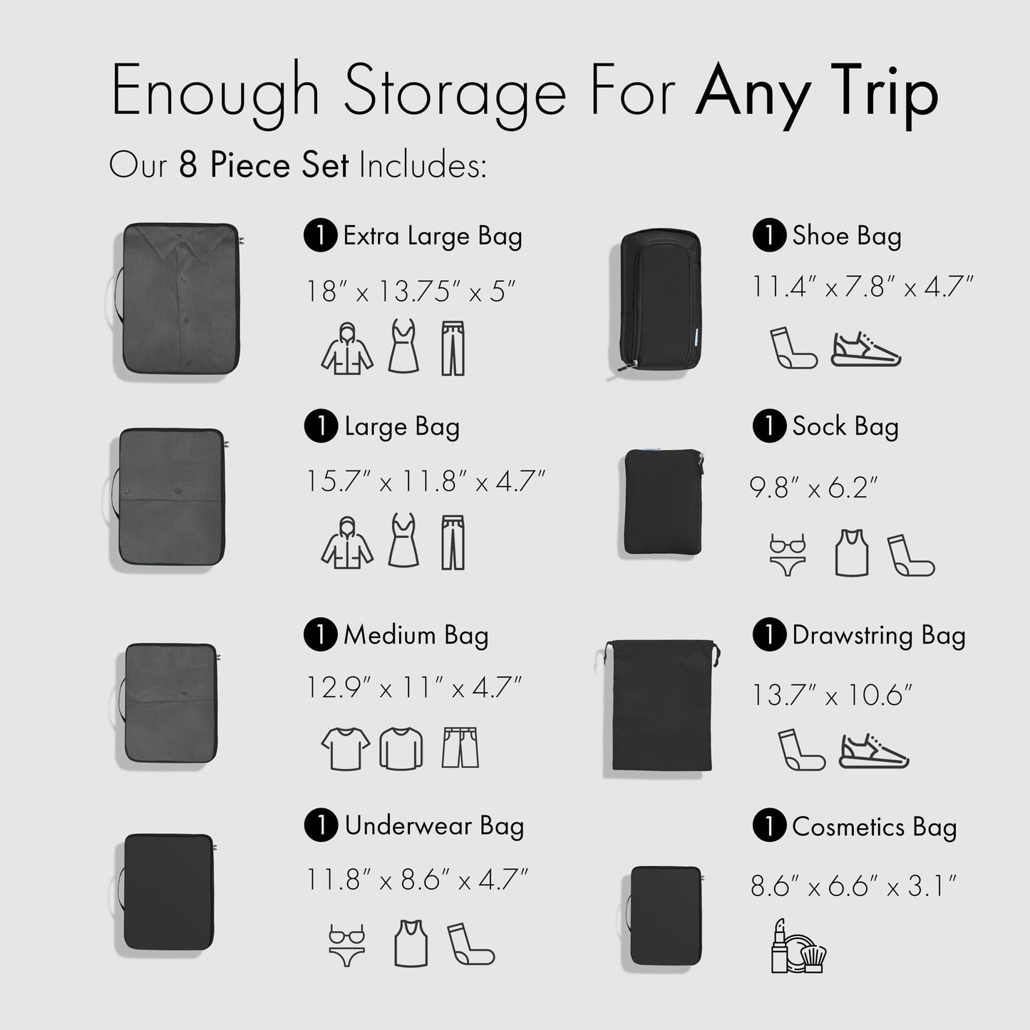 (Not Made In China) 8 Set Packing Cubes For Travel, Luggage and Suitcase Organizer Bags, Lightweight and Waterproof Nylon (Black)