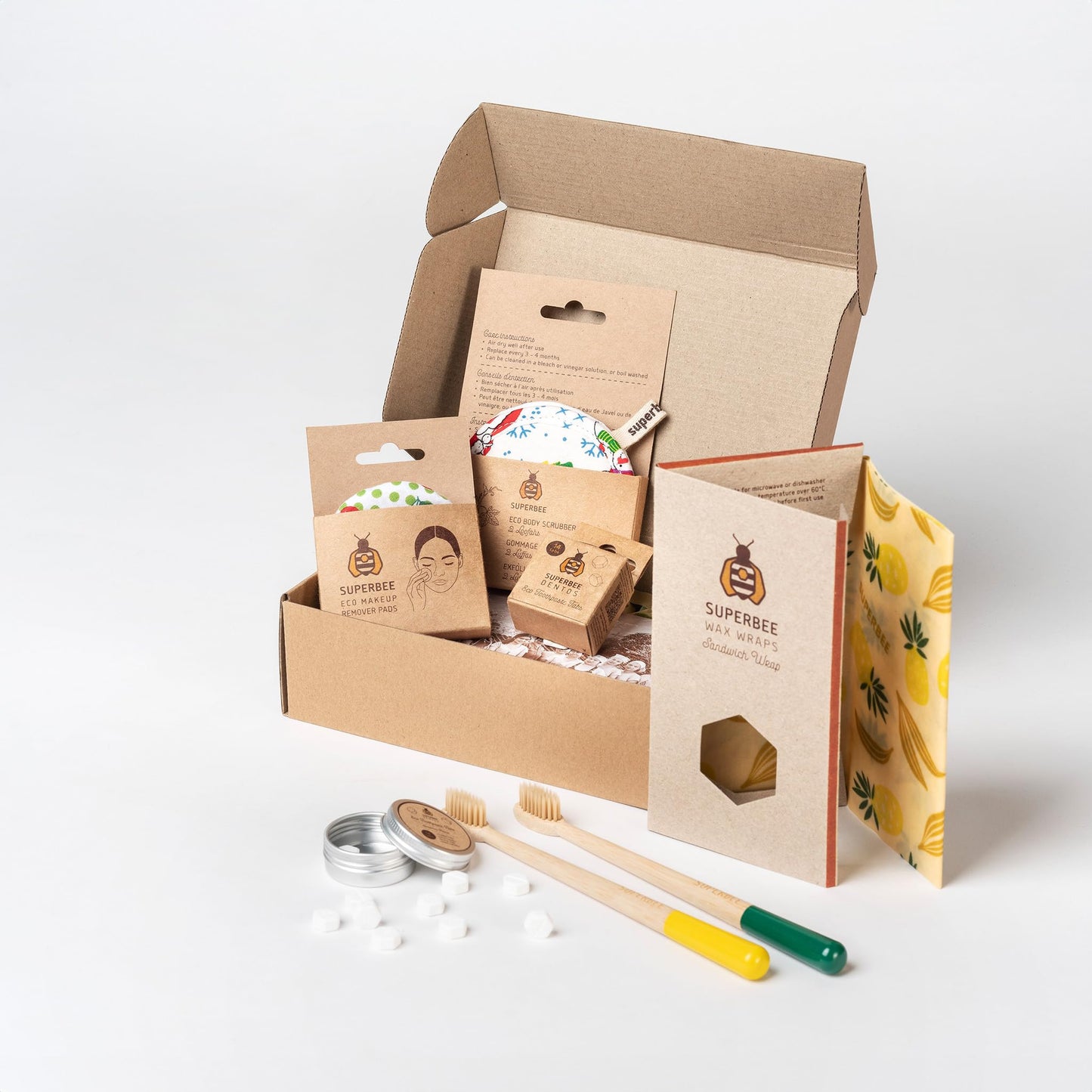 SuperBee Women Gift Box - Toothpaste Tablets, Natural Body scrubbers, Soft Bristles Bamboo toothbrushes, Make up Removal Pads, Beeswax wrap - Eco Friendly Gift, Housewarming Gift Christmas Women Day …