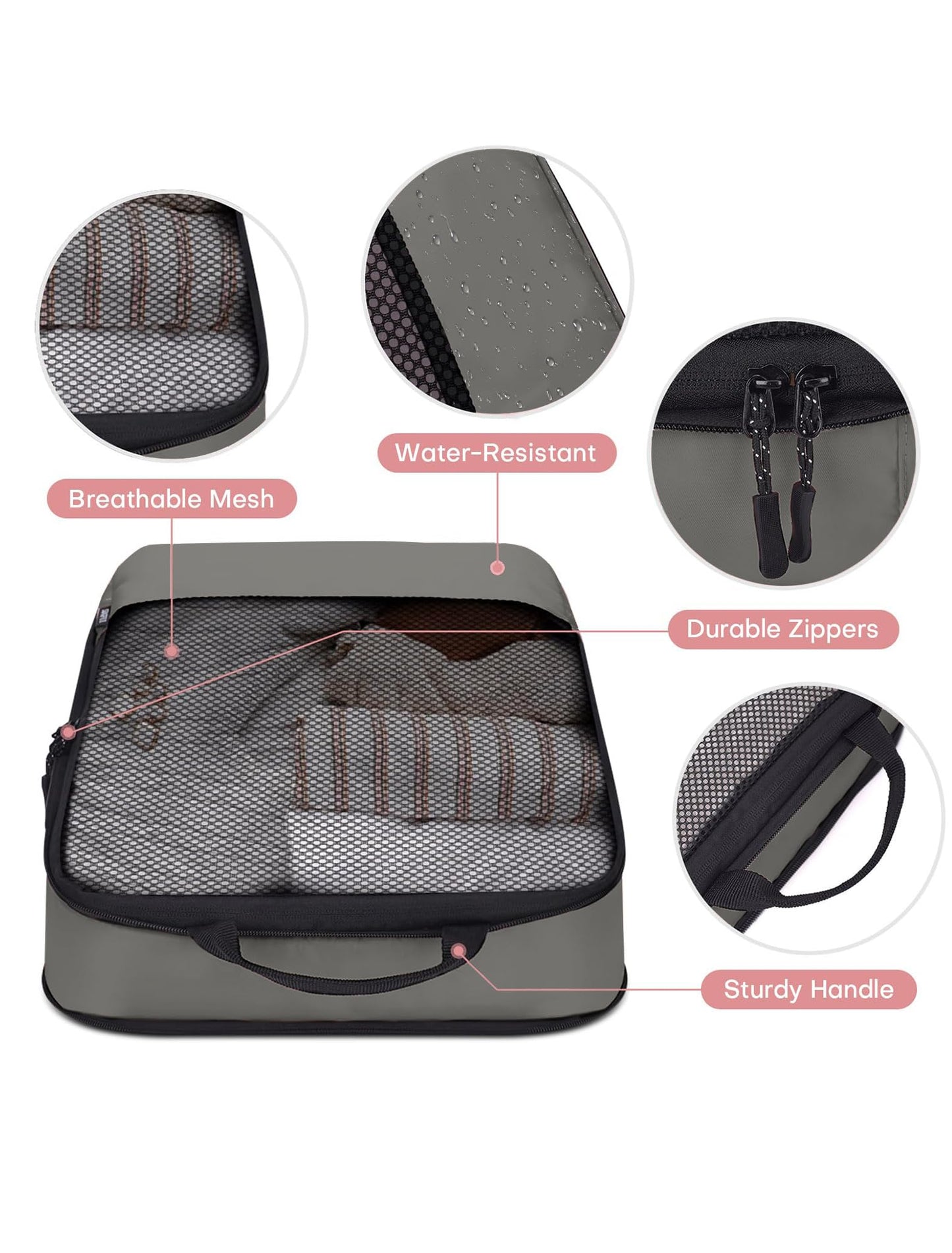 4 PCS Set Compression Packing Cubes for Travel, Lightweight Packaging Organizer Bags for Carry On Space Saving, Travel Essentials Cubes for Suitcase Backpack, Grey