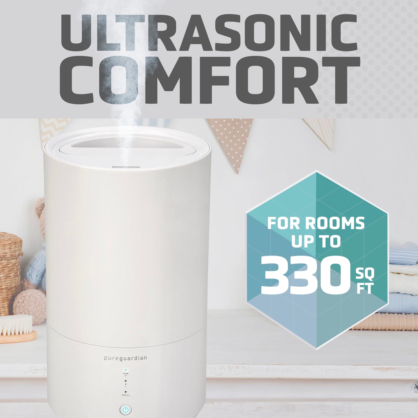 PureGuardian Top Fill Humidifier - H950AR Cool Mist Humidifier, 0.8 Gallon Tank with 30 Hour Runtime, Filter-Free, Quiet Ultrasonic Technology, Essential Oil Tray, 2 Speed Mist Control & Silver Clean