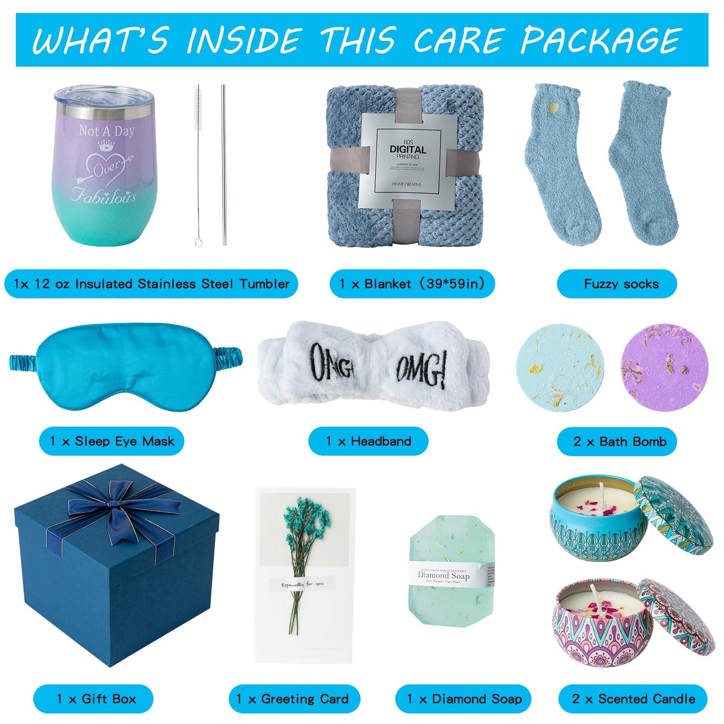 Gifts Basket for Women,Birthday Gifts for Women Birthday Presents Friendship Gifts Get Well Soon Gifts Self Care Package Gifts Blue Gift Box Relaxing Set Unique Gifts with Blanket for Mom,Wife,Sister