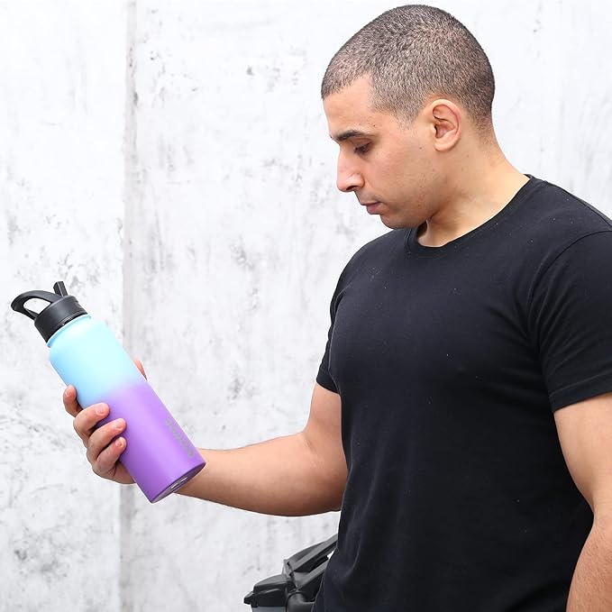 BJPKPK Insulated Water Bottles with Straw Lid, 40oz Stainless Steel Water Bottles with 3 Lids, BPA Free Leakproof Thermo, Tumblers, Cups for Sports, Gym- Marble Frozen