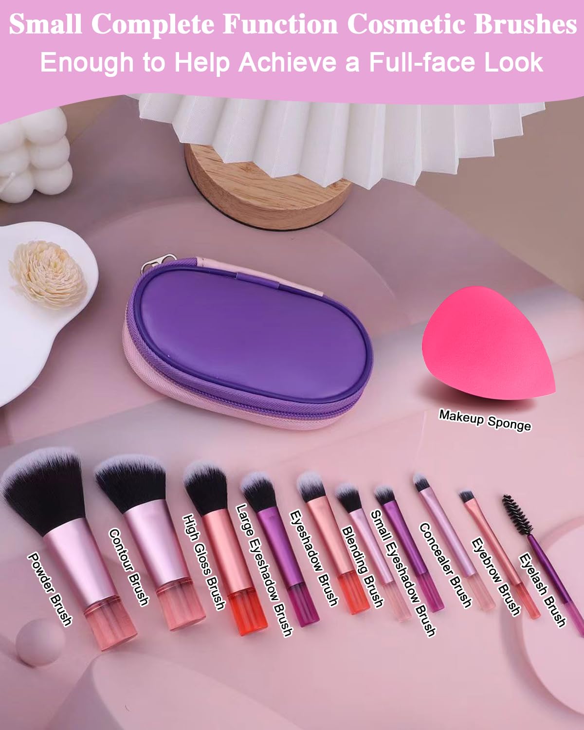 PGRODE Mini Travel Makeup Brushes Set, 14 Pieces, Portable Full Complete Function Cosmetic Kit with Brush Pouch, On the Go Short Makeup Brush Small Travel Essentials for Women, Girls (Colorful)