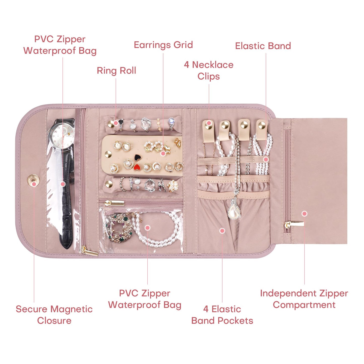 TBTOTRA Travel Jewelry Organizer Box, Foldable Travel Case for Earrings, Necklaces, Rings, Bracelets, Pink