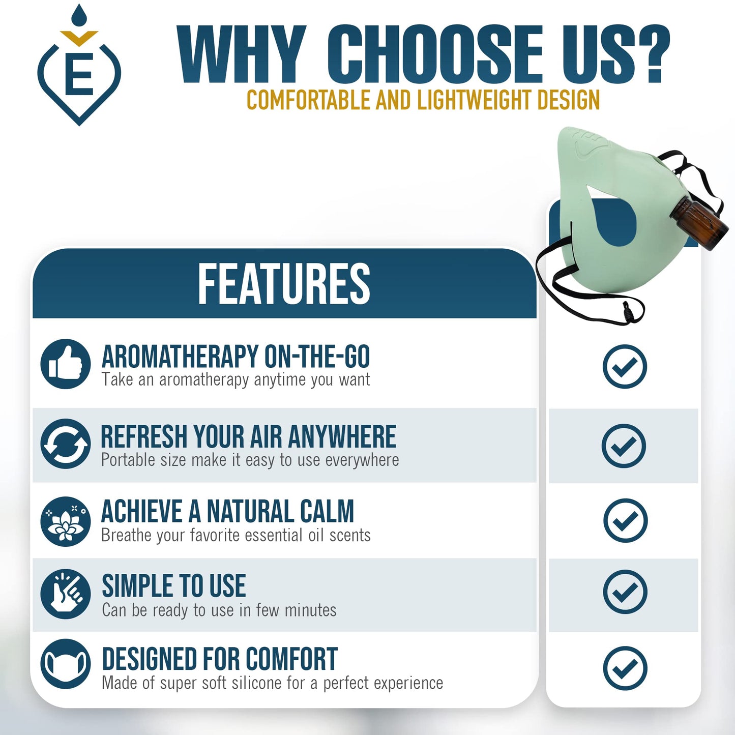 EsScents Aromatherapy Inhaler Scented Mask - Essential Oils Personal Diffuser - Discrete Essential Oil Inhaler Mask - On-The-Go Essential Oils Sniffer, Wearable Vapor Inhaler - Soft Silicone Face Mask