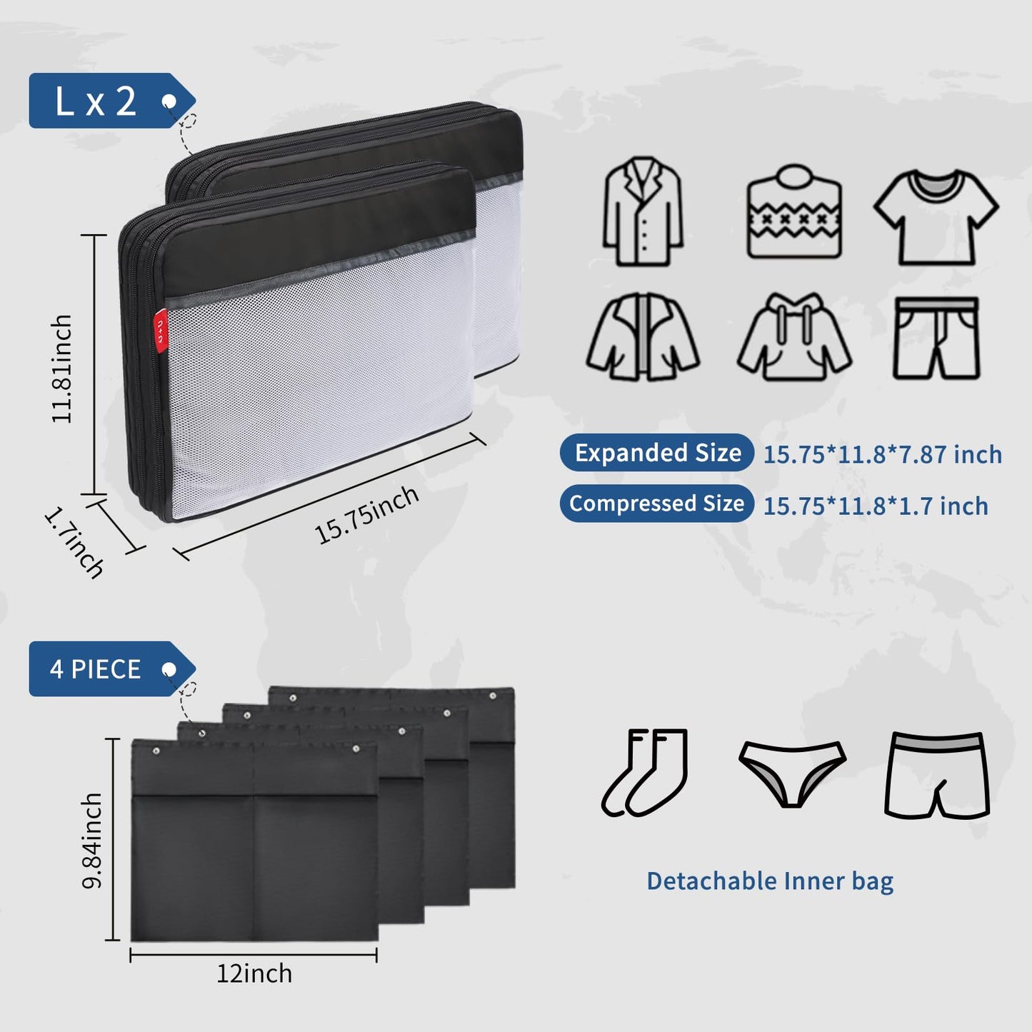 Compression Packing Cubes for Travel Essentials, 2 Set Suitcase Organizers for Luggage Carry on, Large Lightweight Compressible Expandable Mesh Travel Cubes by U+U, Black