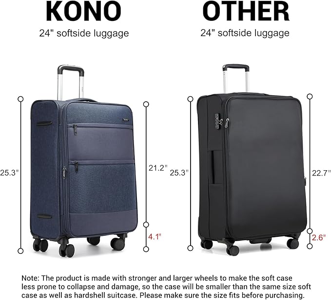 Kono 24 Inch Softside Expandable Checked Luggage with 8 Spinner Wheels TSA Lock Softshell Lightweight Business Travel Suitcase for Men and Women, Navy Blue