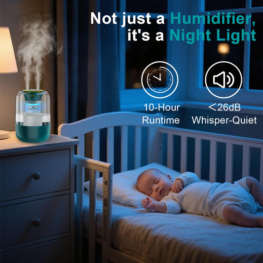 Humidifier with Double Nozzle, 2.2L Humidifiers for Bedroom, 26dB Quiet Dual Spray Cold Mist Humidifier for Plants, Office, and Home Baby Nursery, 3 Gear and Night Light, Easy to Fill & Clean