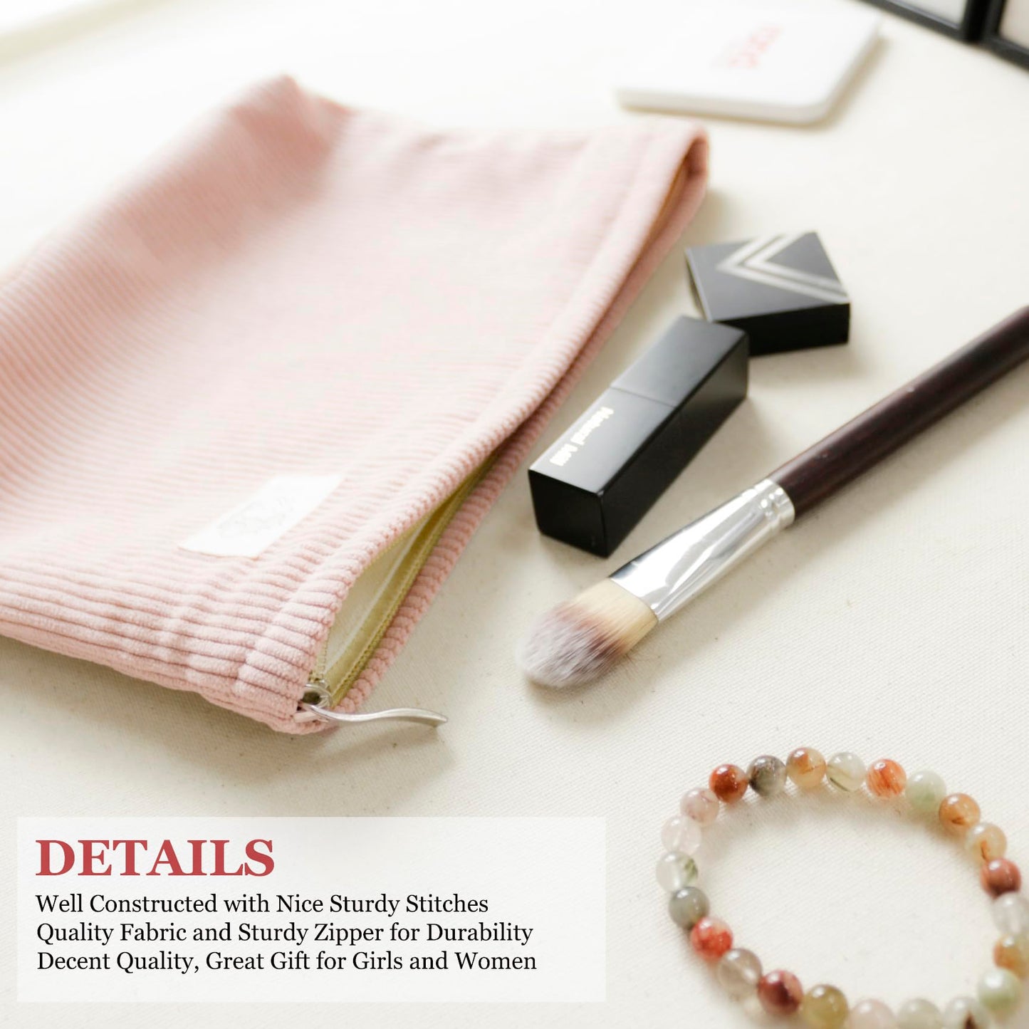 HAPPYHEIDI Large Corduroy Makeup Bag Compartment Cosmetic Toiletry Travel Accessory Pouch Purse Organizer, Soft Creamy Pink