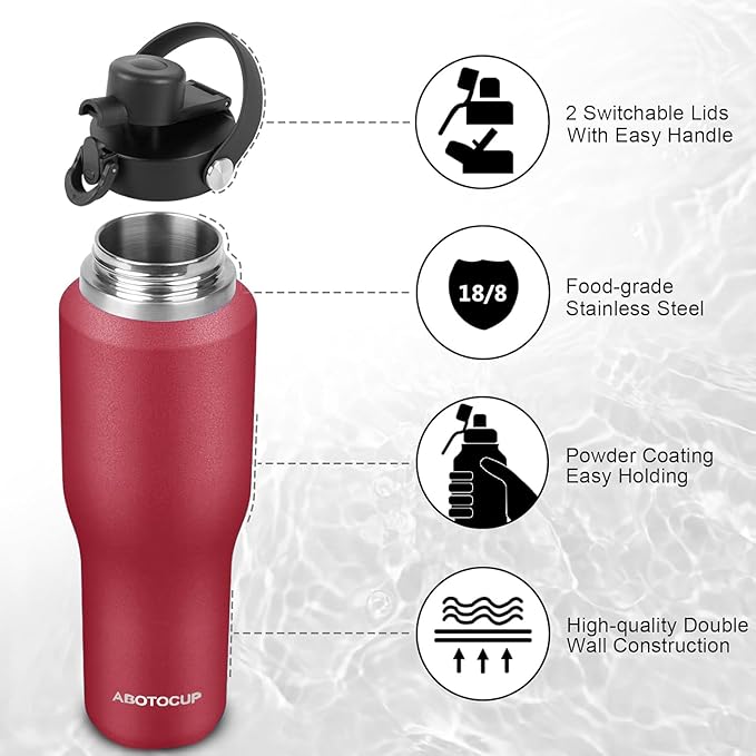 32oz Insulated Water Bottle Keep Cold 24h&Hot 12h, Double Wall Vacuum Insulated Water Bottles with Straw/Spout Lid, Stainless Steel Water Bottles that Fit in Any Car Cup Holder, Leak-proof