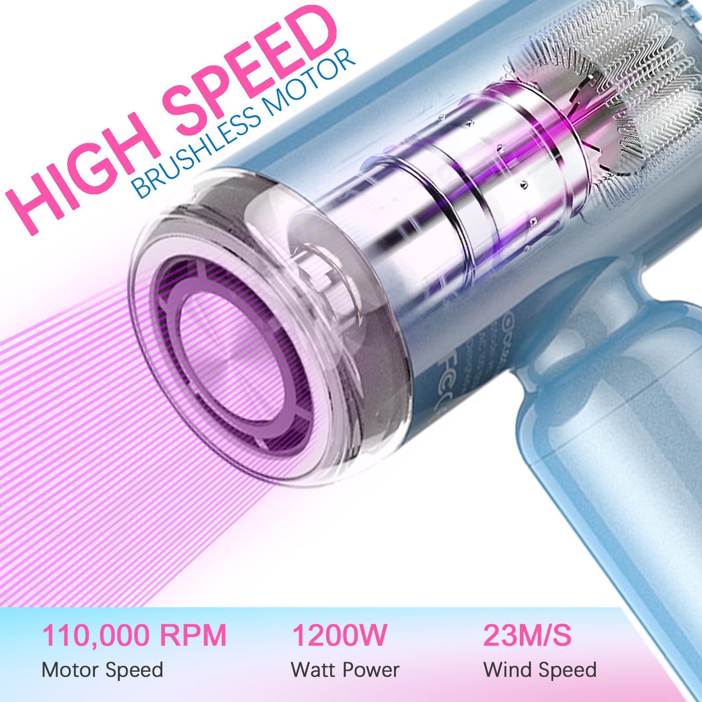 DBTEN Mini Hair Dryer, High-Speed Blow Dryer with 110,000RPM Brushless Motor, Magnetic Diffuser, Negative Ionic Technology for Fast Drying, Compact & Lightweight for Home & Travel (Blue)