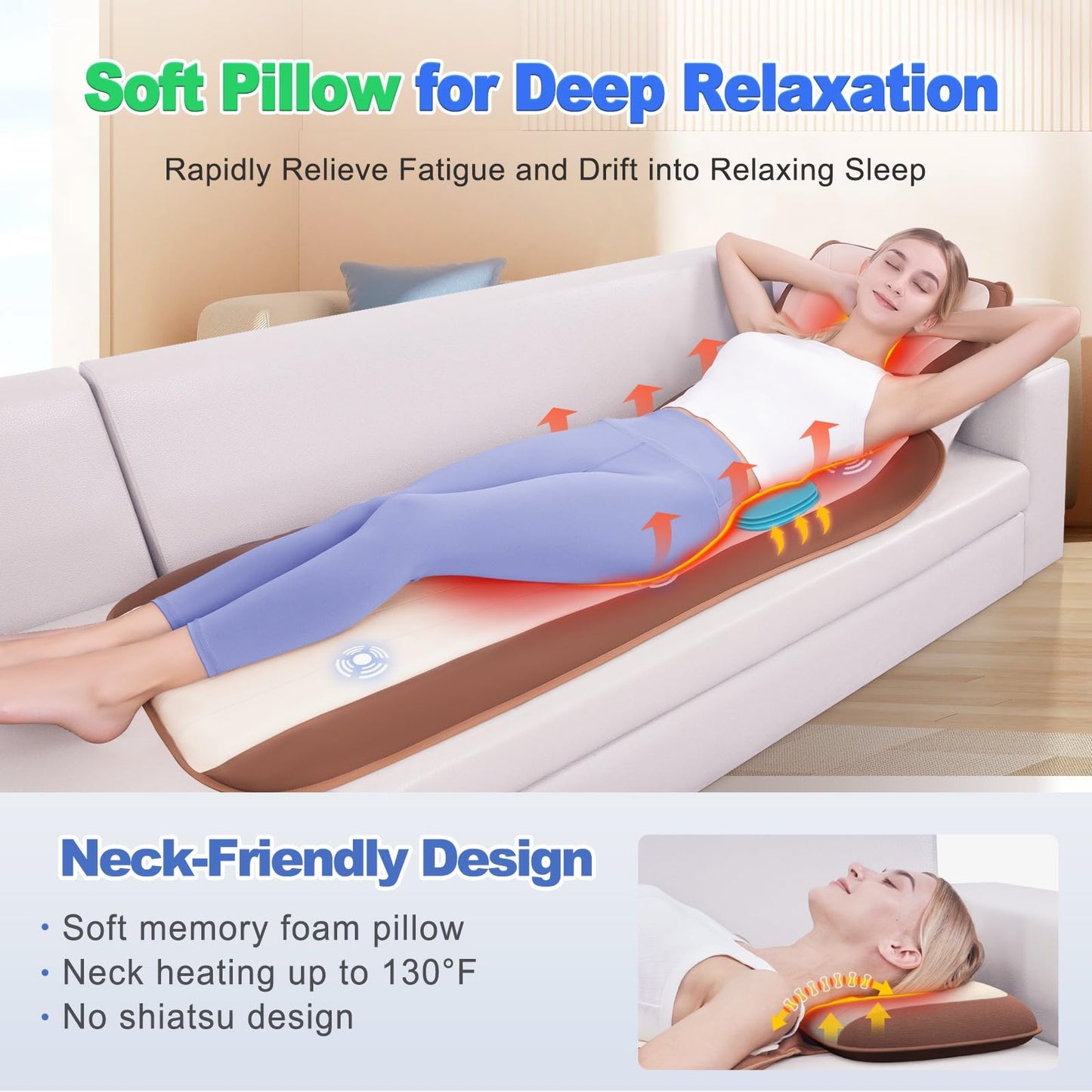 Full Body Massage Mat with Heat, Back Massage Pad with Lumbar Traction, Heating Pillow-Equipped, 4 Massage Modes & 6 Quieter Motors, Adjustable Waist to Fit 5'0-6'2, Foldable & Portable Design