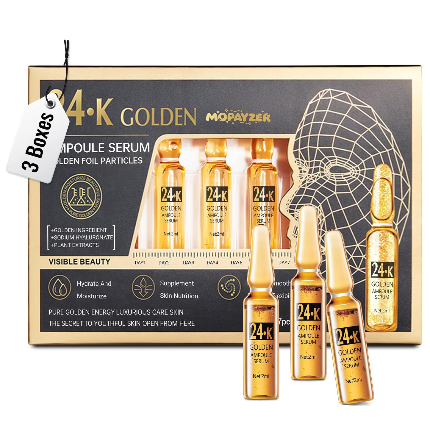 24K Gold Serum Ampoule, Anti Aging 24K Gold Serum for Face, Moisturizes & Soothes Skin, Boosts Firmness & Hydration, Golden Foil Particles Reduces Fine Lines, Wrinkles, Dryness, 3 Boxes of 21