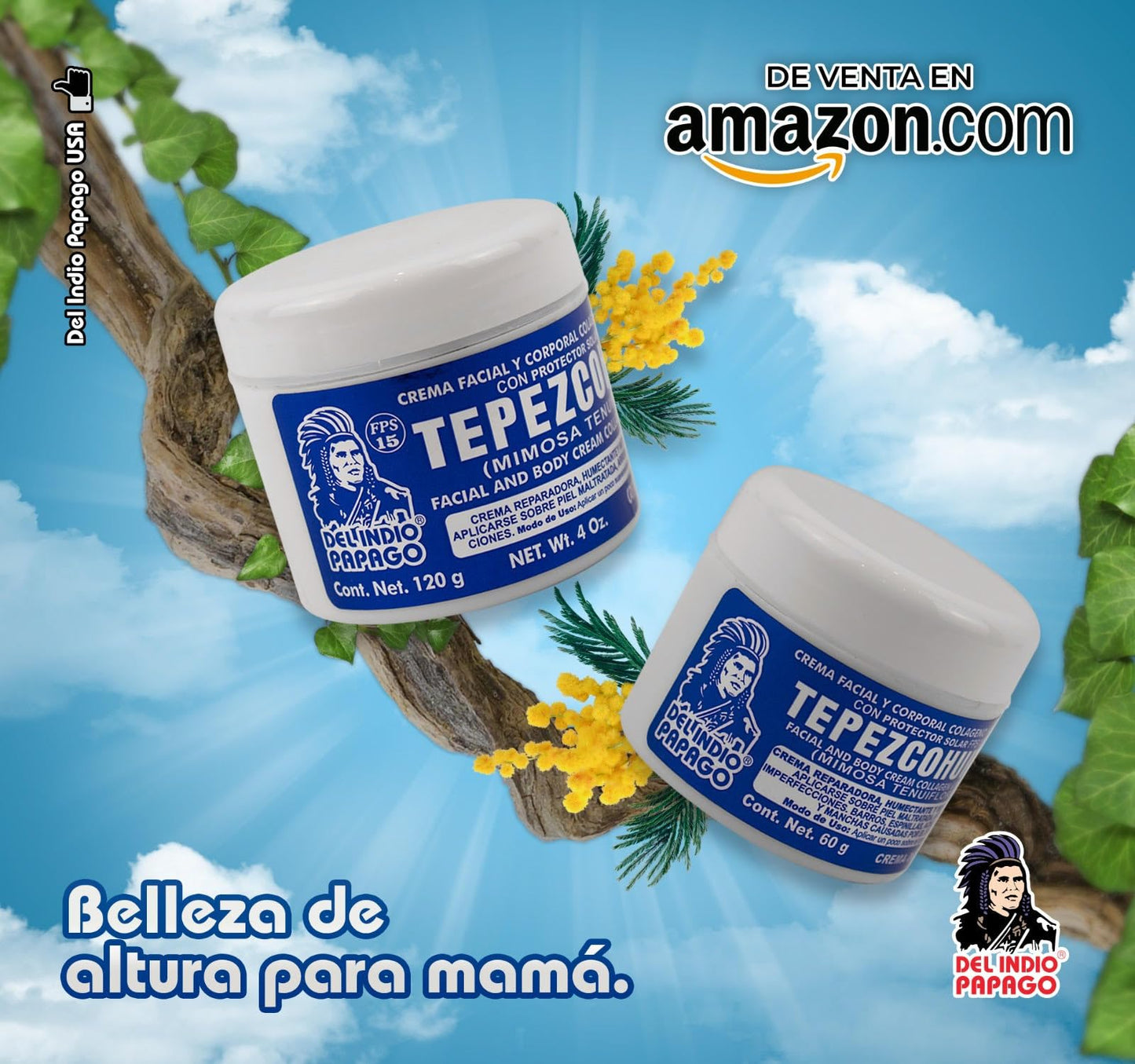 DEL INDIO PAPAGO Facial Day Skin Cream with Tepezcohuite 60g Small - Corporal Colageno Y Vitamina E - Hydrates the Skin