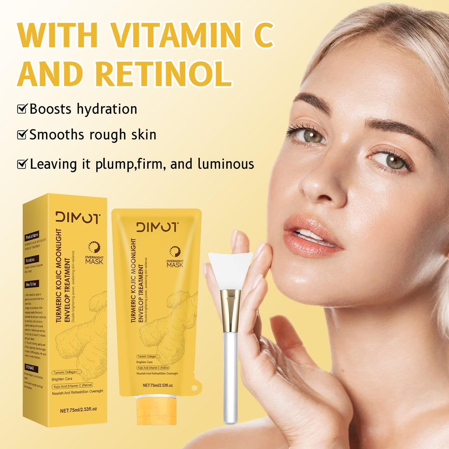 Turmeric Collagen Night Wrapping Mask with Retinol - Hydrating, Firming & Glowing Facial Mask Nourishes Skin, Refines Skin Texture - Turmeric Peel off Mask With Brush for All Skins, 2,53 fl.oz