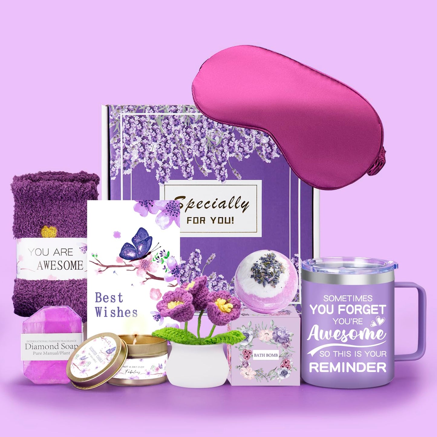 Gifts Basket for Women & Teen Girls Purple Relaxing Bath Gifts Basket Set Birthday Gifts Ideas for Women Relaxing Spa Gifts Self Care Gifts Box for Female Friends Gift