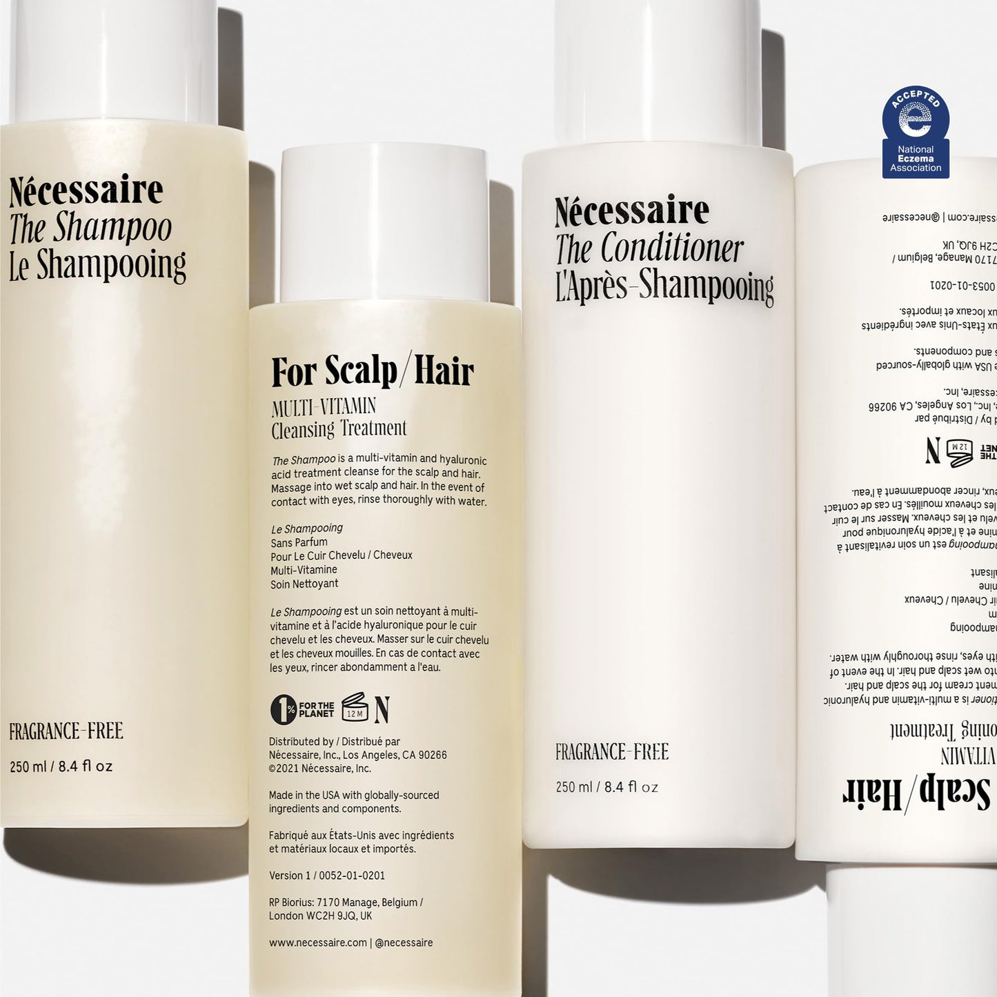 Nécessaire The Hair Duo - Shampoo and Conditioner Set 2 x Full-Size. The Shampoo + The Conditioner. Hyaluronic Acid + Vitamin B Complex. Fragrance-Free. Approved by the National Eczema Association.