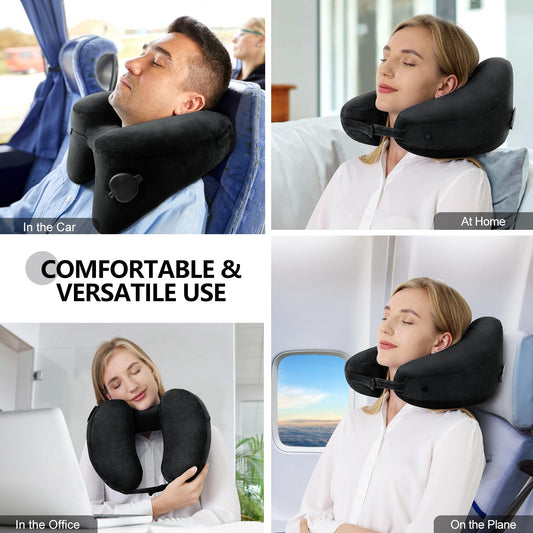 Sunany Neck Pillow for Travel Inflatable Airplane Pillow Comfortably Supports Head, Neck and Chin, Inflatable Travel Pillow with Soft Velour Cover and Portable Drawstring Bag (Black)