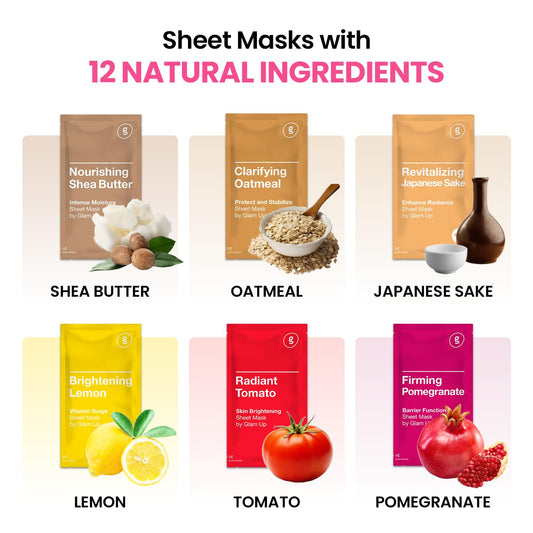 GLAM UP Premium Facial Sheet Mask 12 Combo (Pack of 12) | Clean Face Masks Skincare, Hydrating Face Masks, Moisturizing, Soothing, Beauty Mask For All Skin Type Variety Beauty Mask Set