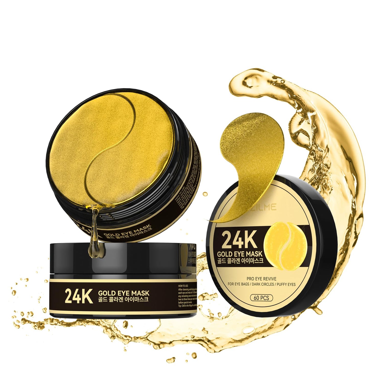 ZZILME 24k Gold Under Eye Patches - Firming, Glowing & Hydrating Hydrogel Mask for Puffy Eyes, Dark Circles, Wrinkles, Eye Bags Treatment, Gifts for Women and Men, 60Pcs Black