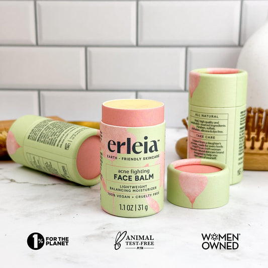 Erleia Face Balm - Solid Facial Moisturizer for Acne, Vegan, Cruelty-Free, Travel-Friendly, Plastic-Free, Sustainably-Sourced Ingredients