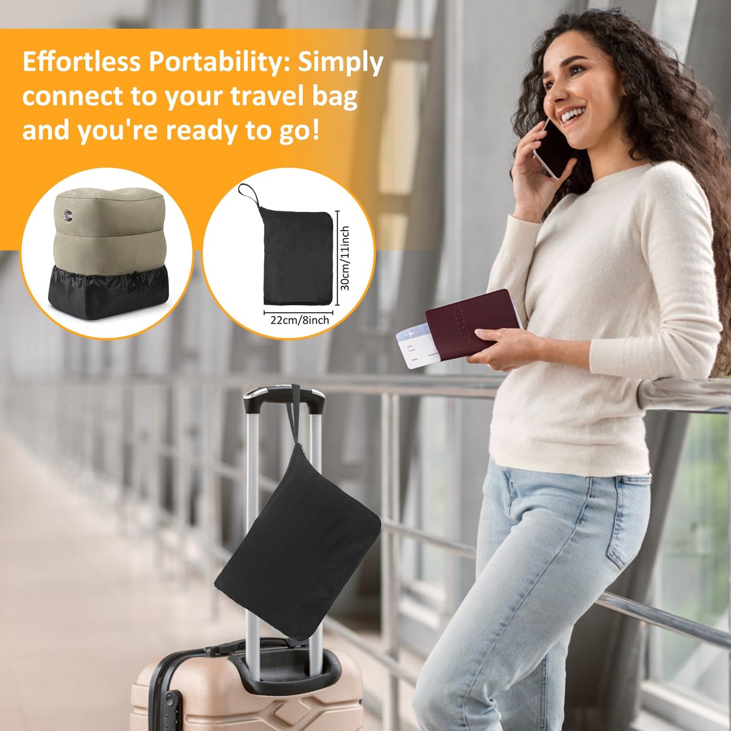 Inflatable Foot Rest Pillow for Travel - Adjustable Height Flight Foot Rest with Eye Mask and Earplugs for Kids & Adults on Airplane, Car, Train, Office, and Home (Gray, 2 PCS)