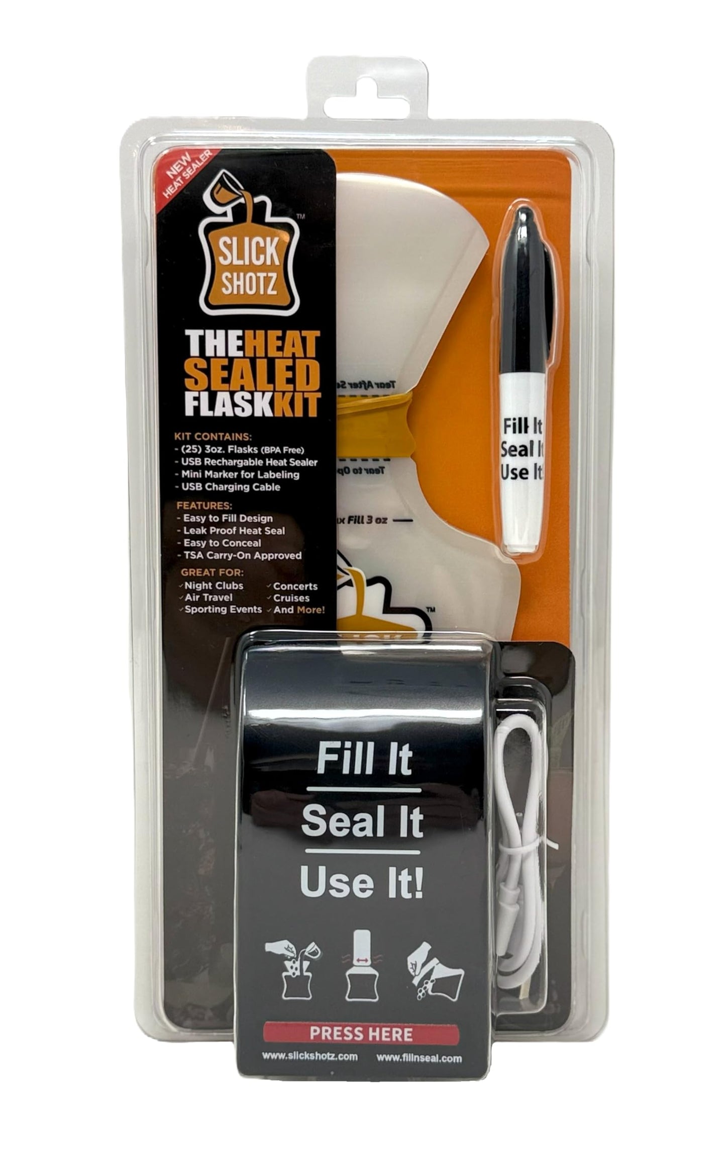 Slick Shotz 50 Pcs Heat Sealed Plastic Flask Kit for Liquor – 3oz Leak Proof Drink Pouches for Alcohol with Heat Sealer and Mini Marker – Ideal for Cruises, Concerts, Flights, Events and Travel