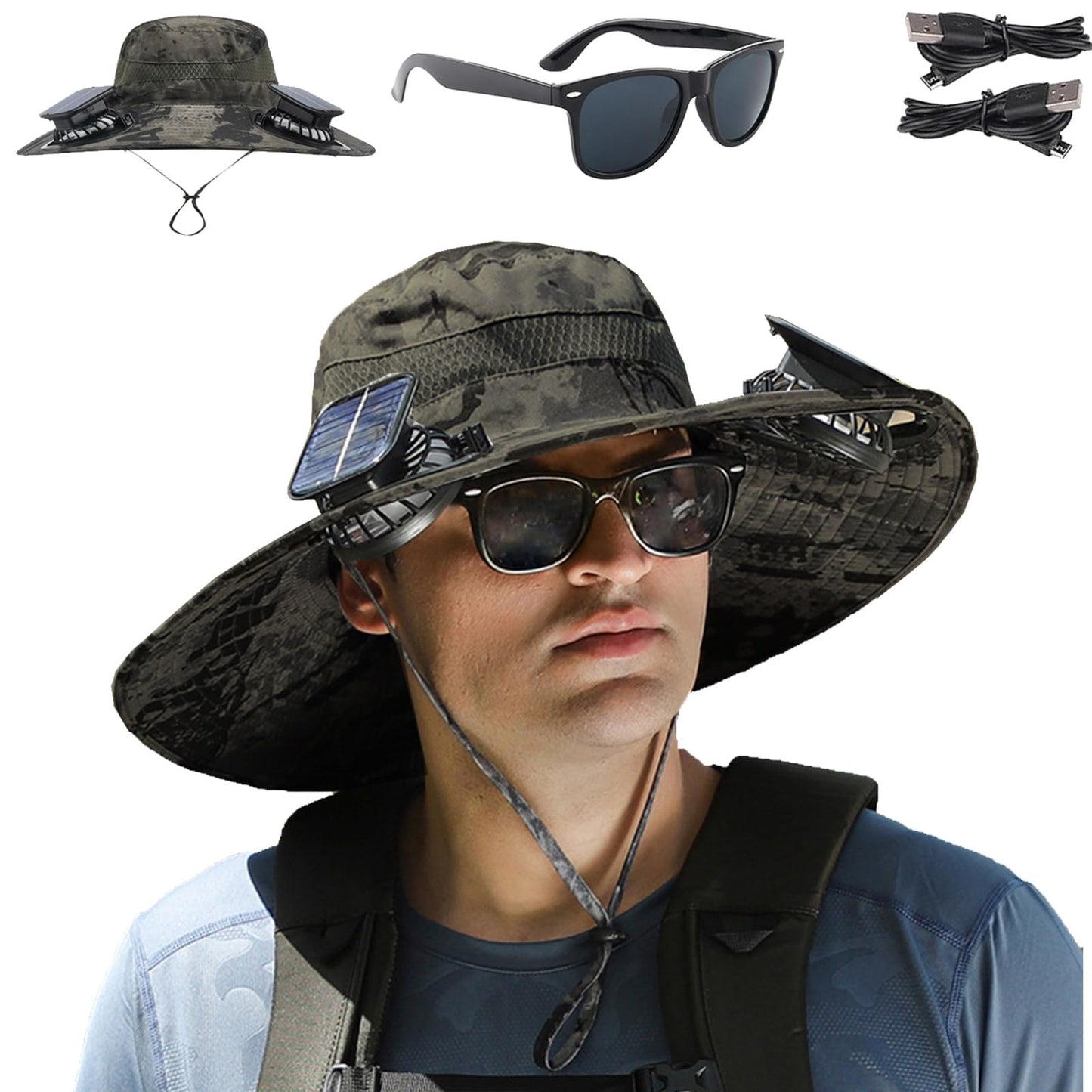 Fishing Hats with Sunglasses, Wide Brim Sun Hat with 2 Solar Fan, USB & Solar Powered Fishing Hats, Solar Fan Hats UPF 50+ (Camouflage Green)