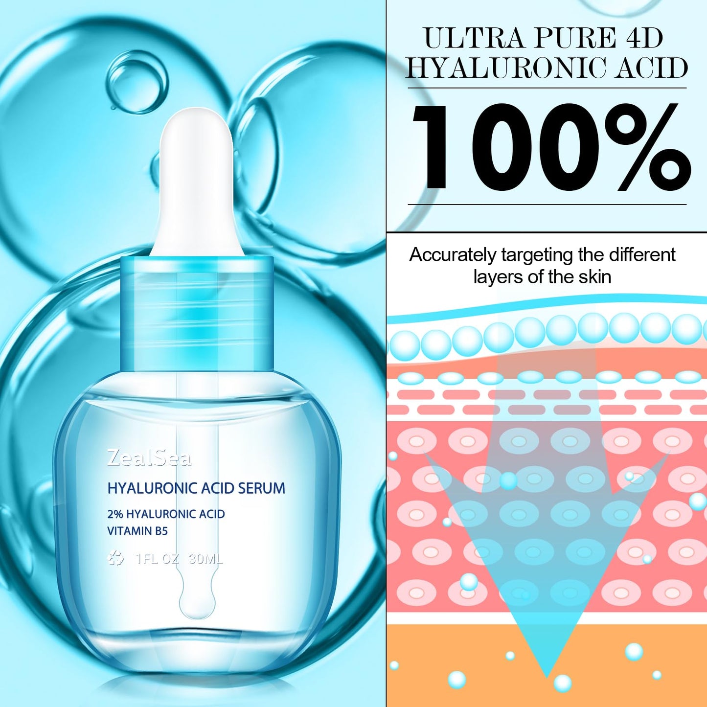 ZealSea Hyaluronic Acid Serum for Face, Hydrating Microneedling Serum, EWG Certified for Sensitive Skin, Vegan Fragrance Free Non-Comedogenic Absorb Quickly, Pure Hyaluronic Acid Anti-Aging 1 Oz