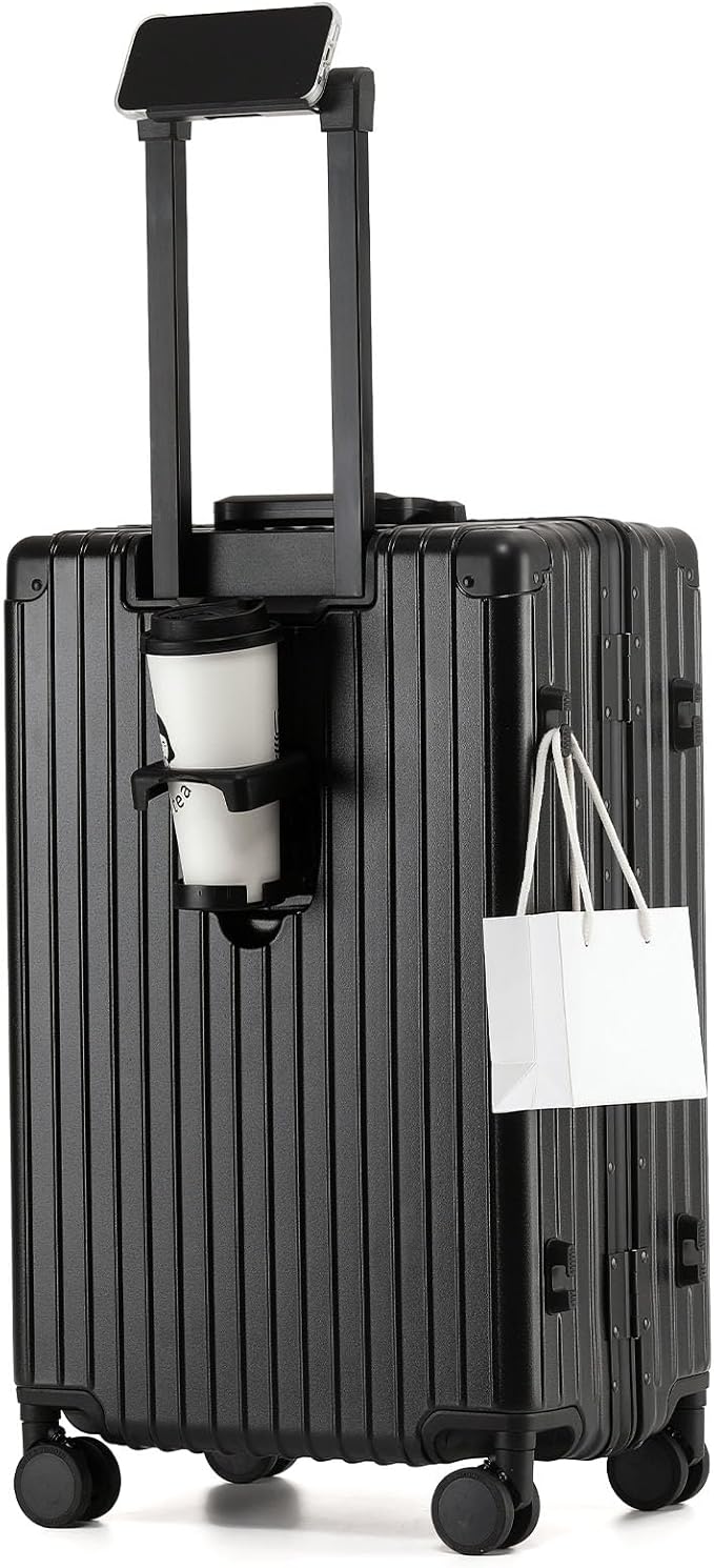 24 Inch Zipperless Checked Travel Luggage with Spinner Wheels,ABS+PC Hard Shell Suitcase with TSA Approved USB Port,Cup & Phone Holder for Women Men,Black