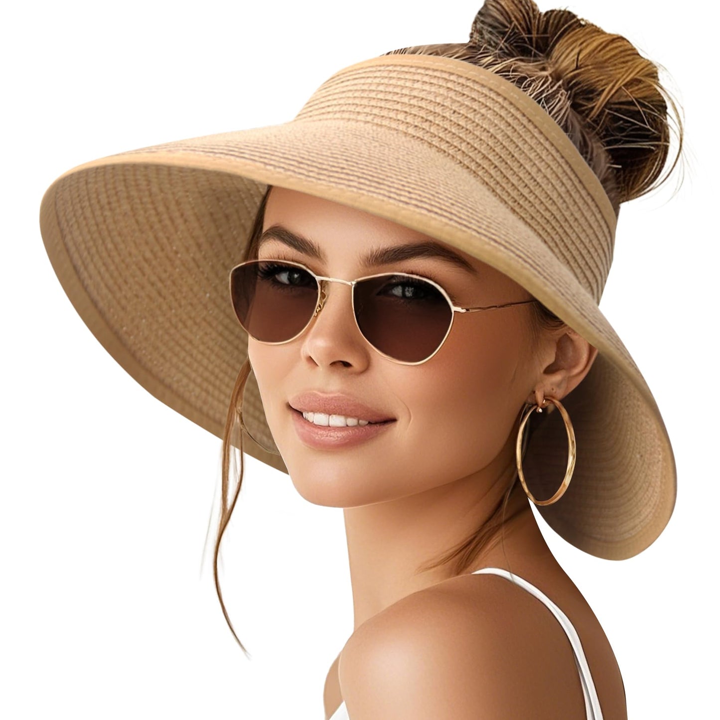 NPQQUAN Sun Visor Hats for Women Wide Brim Ponytail Straw Beach Hat Packable Foldable UPF 50+ Floppy Travel Hats Khaki