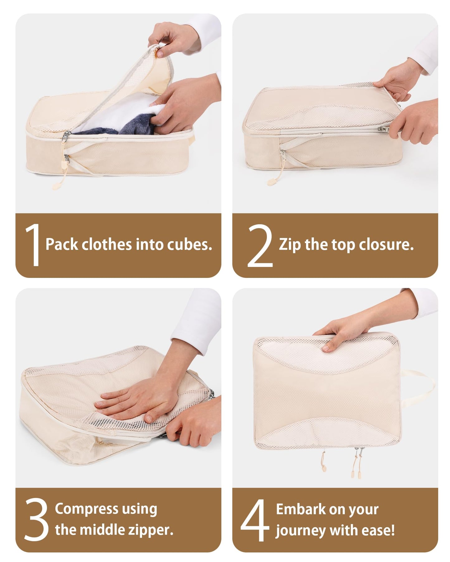 Compression Packing Cubes 12 Set, Suitcase Organizers, Extendable Packing Cubes, Luggage Organizer Bags, Travel Essentials, Beige