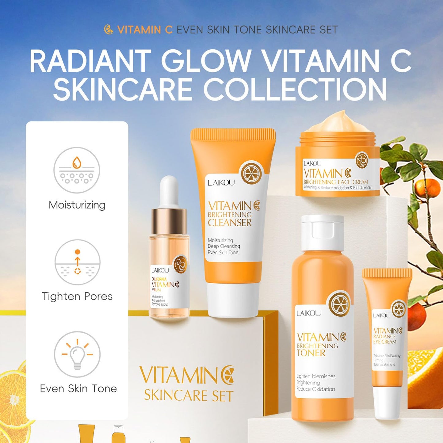 Vitamin C Skincare Gift 5Pcs Set for Teenage Girls, Face Skin Care Kit With Cleanser, Face Serum, Eye Cream, Toner, Face Cream, Travel Skin Care Sets & Kits for Women Men (nomal, 5, Count)