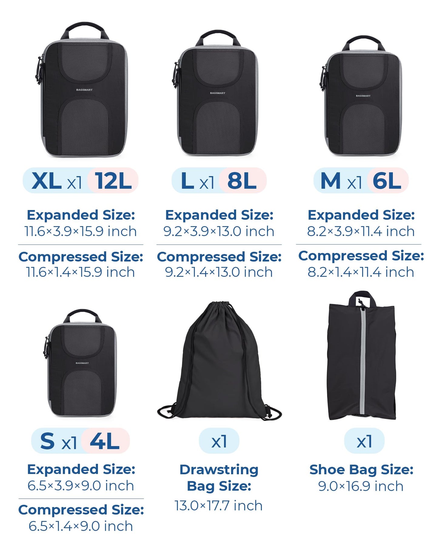 BAGSMART Compression Packing Cubes, 6 Set Packing Cubes for Suitcases, Lightweight Suitcases Organizers Bag Set & Compression Travel Cubes, Travel Essentials Packing Organizers Black