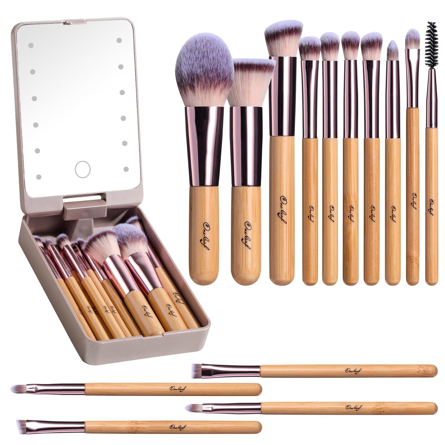 Oneleaf Travel Makeup Brush Set Foundation Powder Concealers Eye Shadows Makeup Set with LED light Mirror 14 Pcs Mini Makeup Brushes (Bamboo)