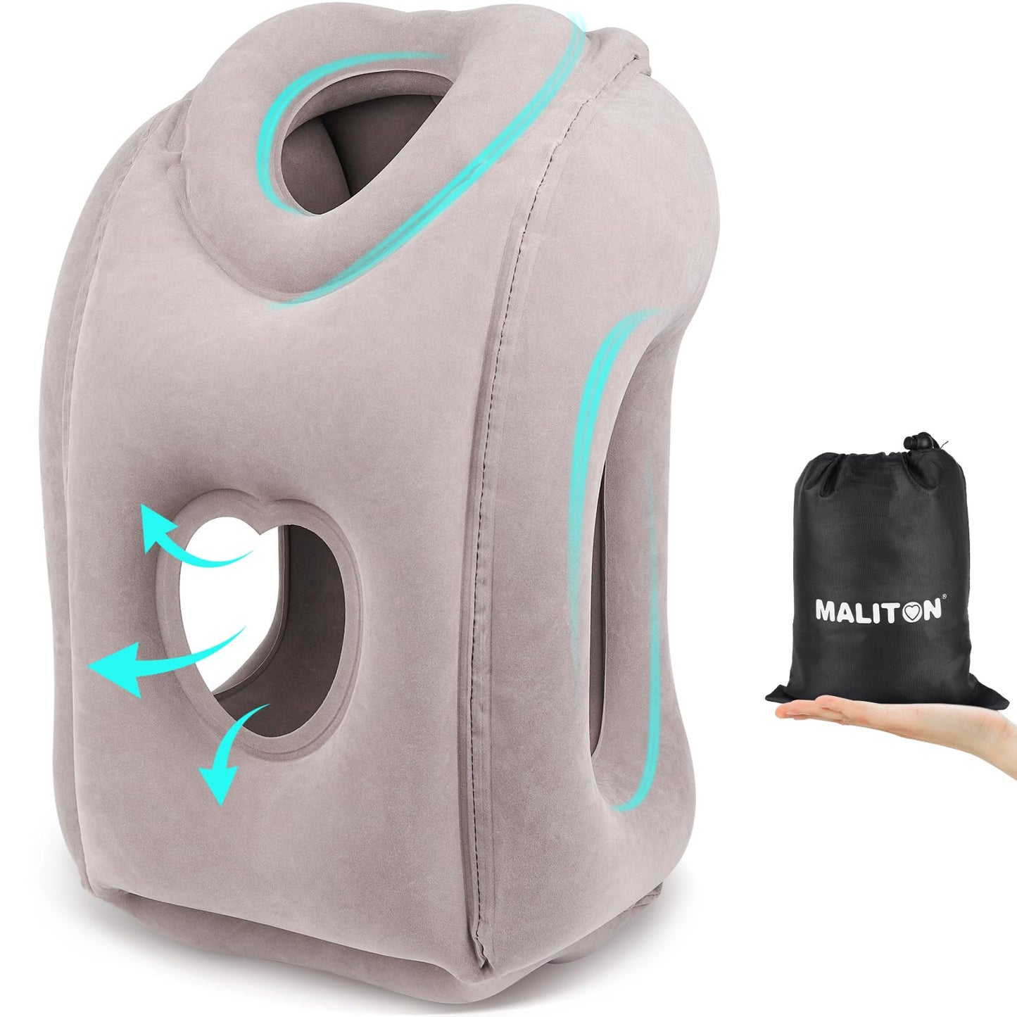 Maliton Inflatable Travel Pillow for Airplane Comfortable Sleeping to Relieve Neck and Shoulder Pain, Support Head Inflatable Pillow for Long Flights, Used for Airplanes, Cars, Trains, Office(Grey)