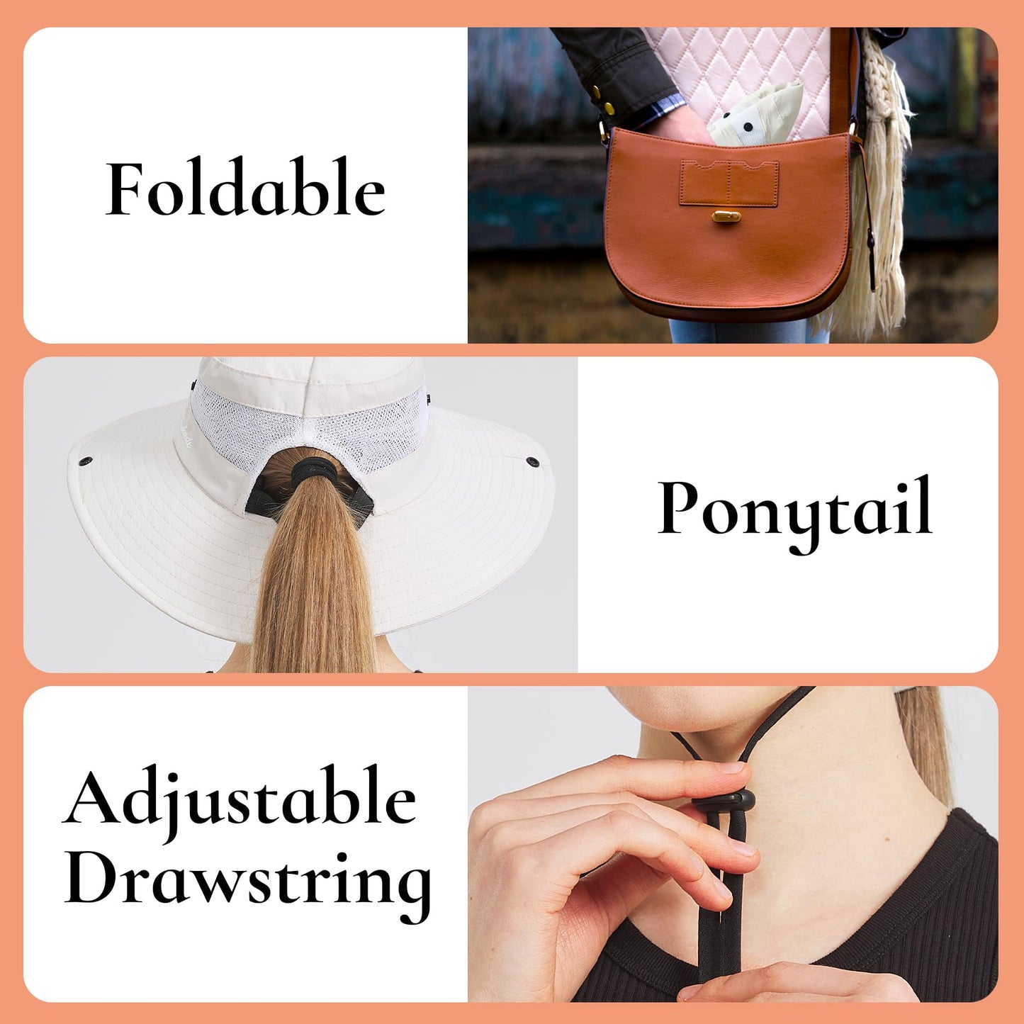 NPJY Ponytail Sun Hats for Women Men 3” Wide Brim UPF 50+ Fishing Beach Bucket Hats Beige